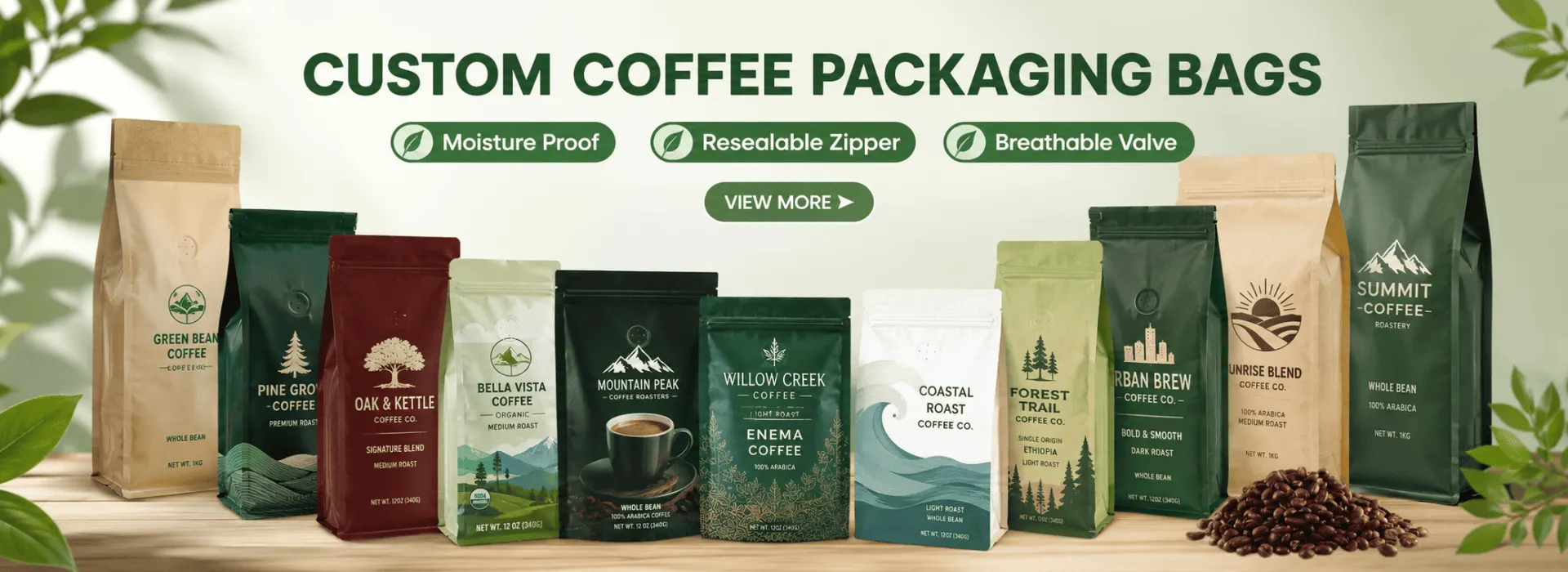 Individuell bedruckte Kaffeebeutel mit wiederverschließbarem Reißverschluss und Einweg-Entgasungsventil