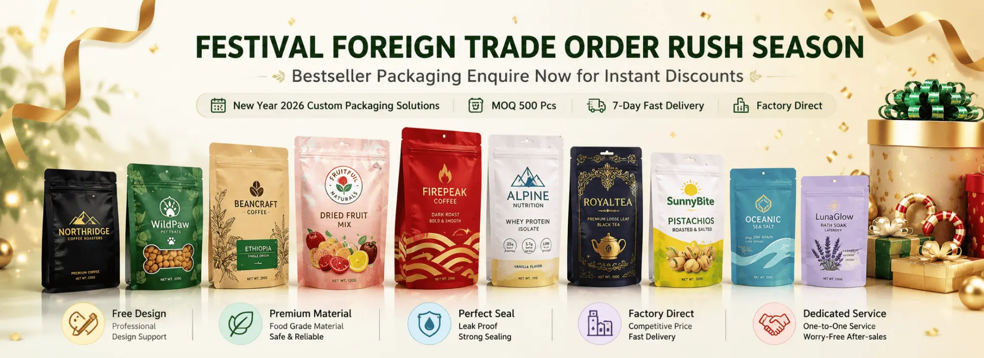 Farbenfrohe, individuell bedruckte Mylar- und Standbodenbeutel für Kaffee, Snacks, Tee und Nahrungsergänzungsmittel