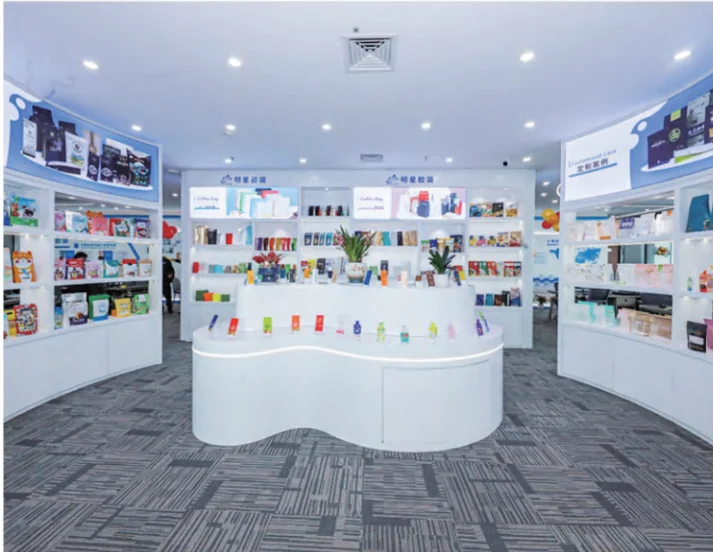 Flexible packaging samples displayed in the Unique Packaging sample room