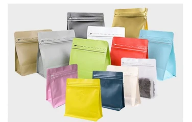 Surtido de bolsas de fondo plano listas para enviar de la biblioteca de materiales de Unique Packaging