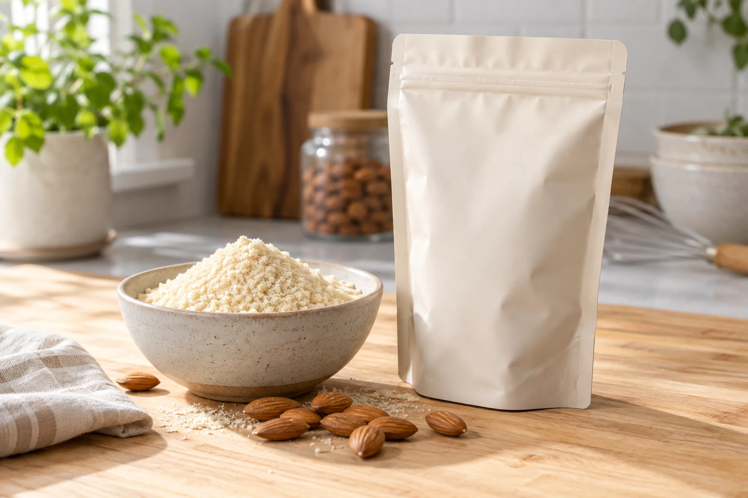 Cream resealable pouch with pale almond flour and whole almonds