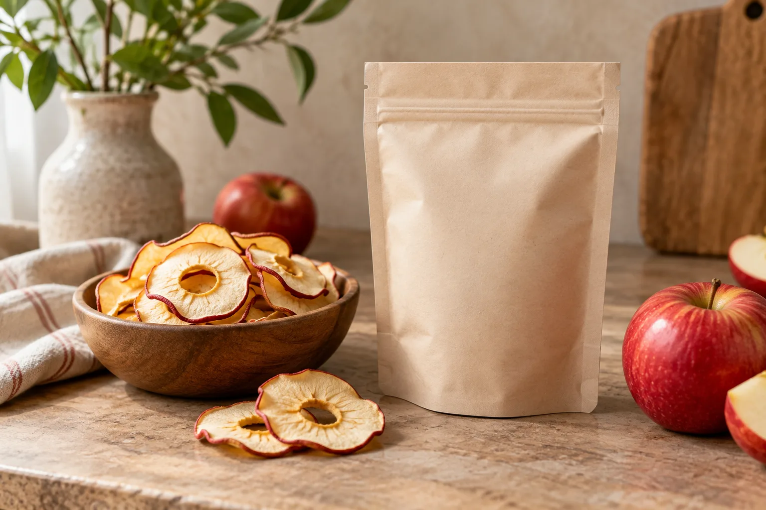 Blank opaque pouch beside dried apple rings and a fresh red apple