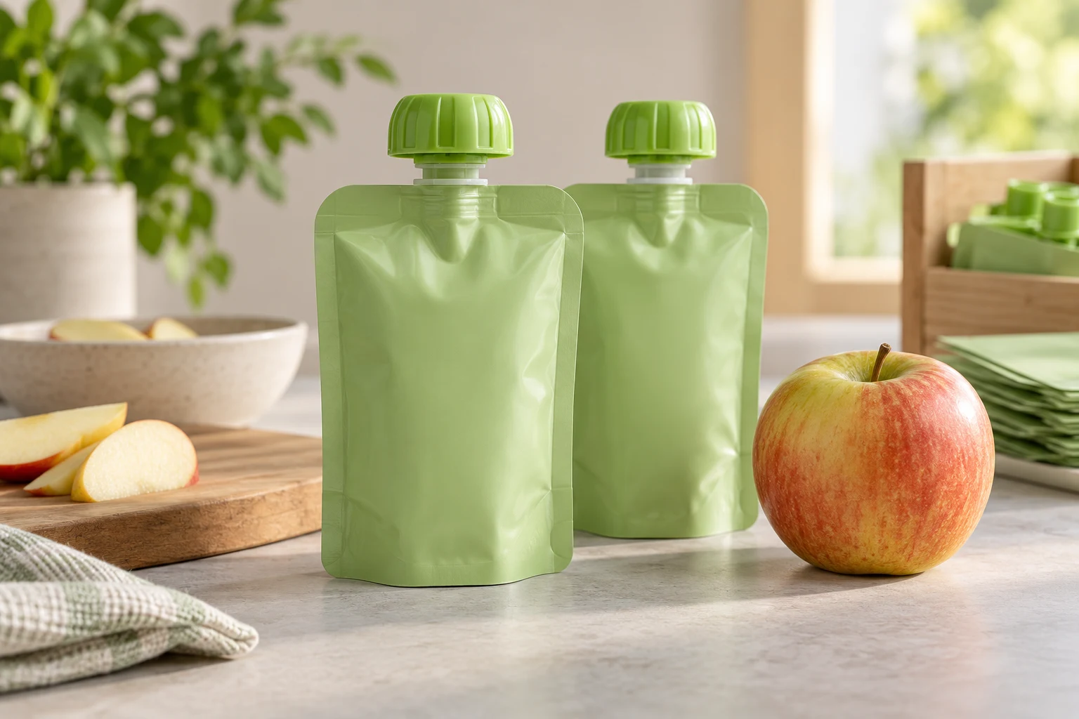 Plain green puree spout pouches with attached broad screw caps on an inspection desk