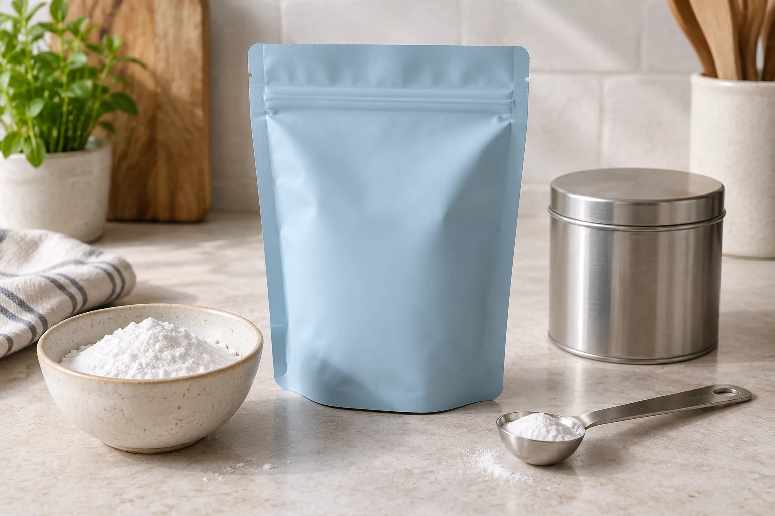 A pale blue baking powder pouch beside a powder bowl, measuring spoon, and closed tin