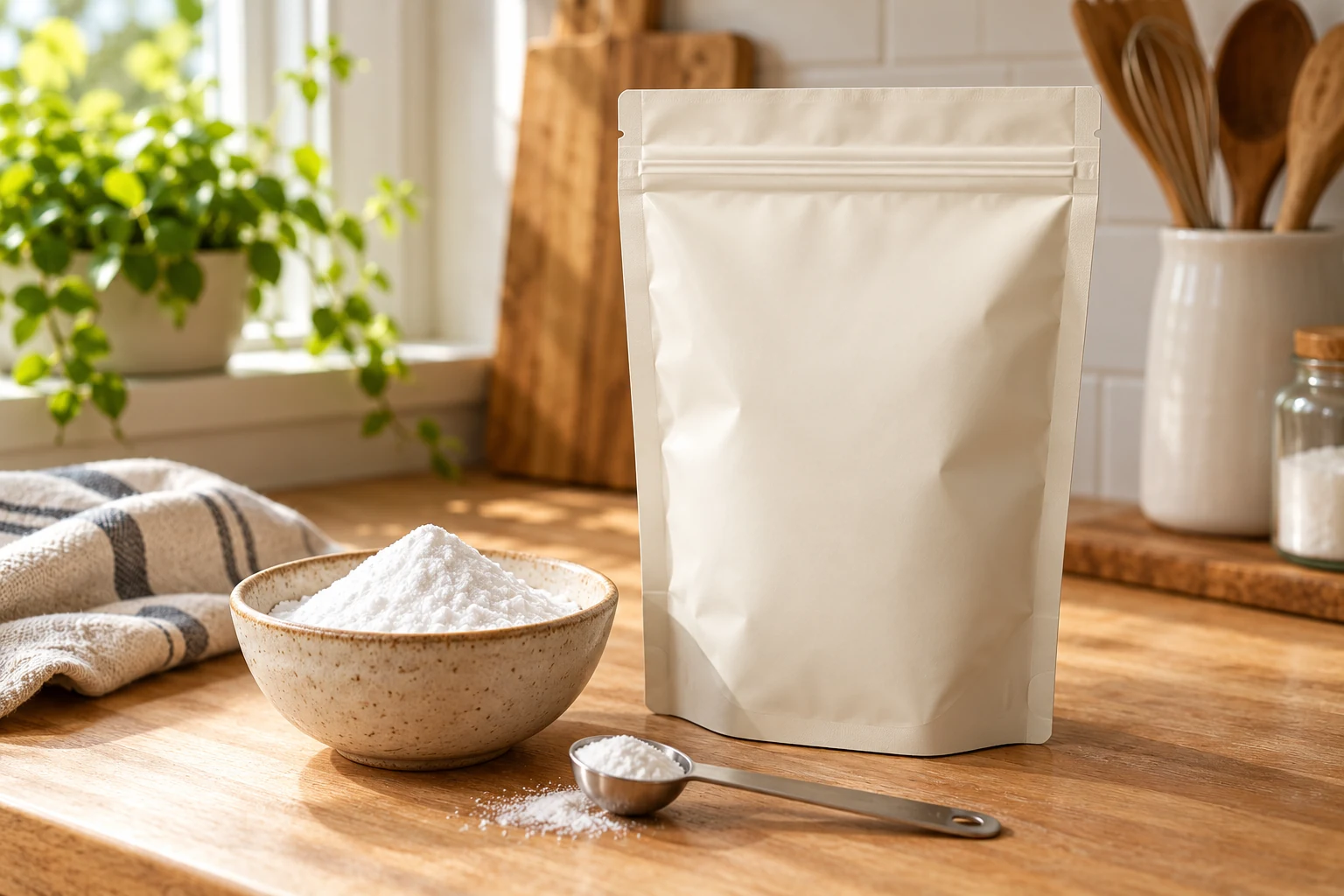 A cream zipper pouch beside fine white baking soda and a measuring spoon