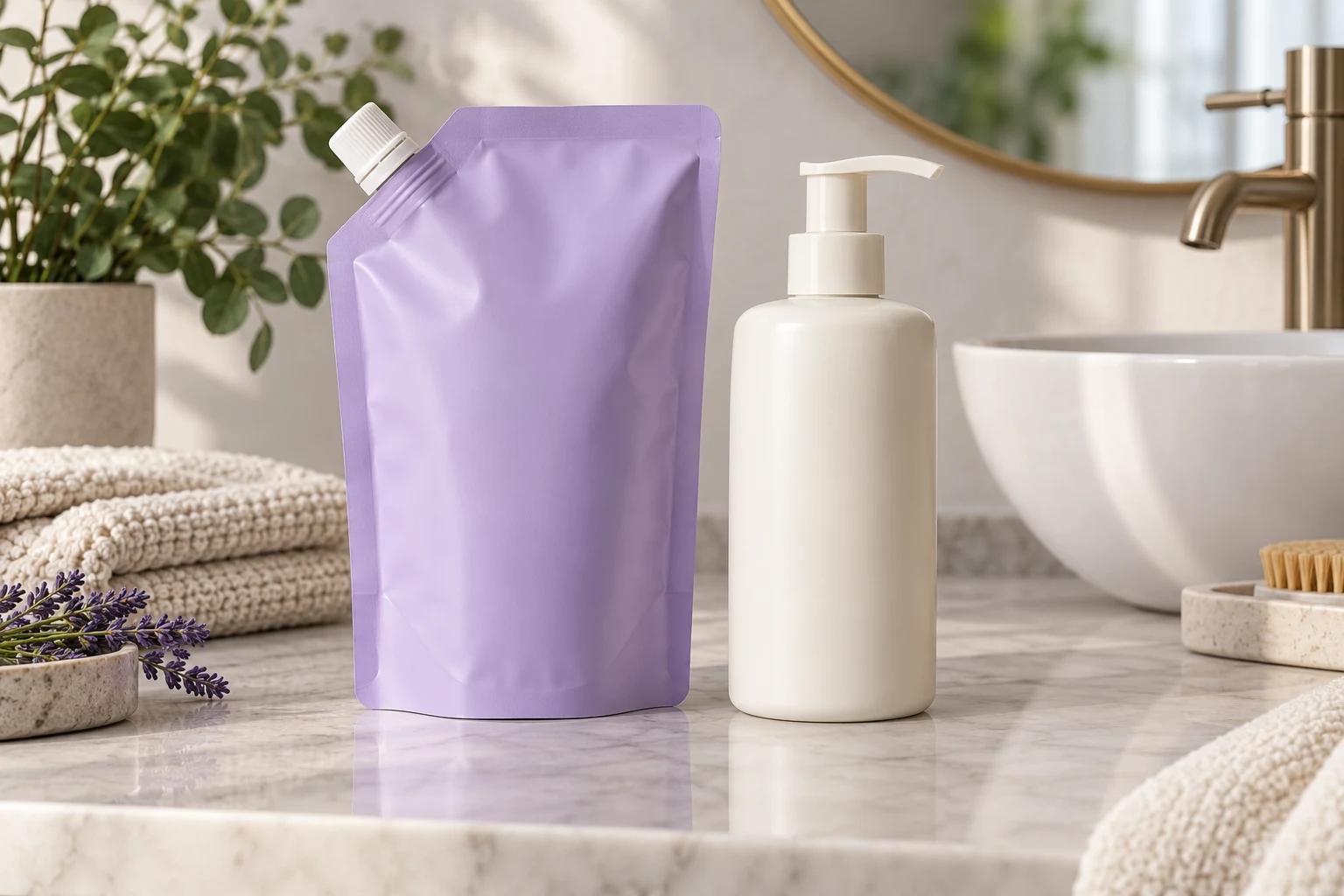 A lavender lotion refill pouch beside an opaque reusable pump bottle
