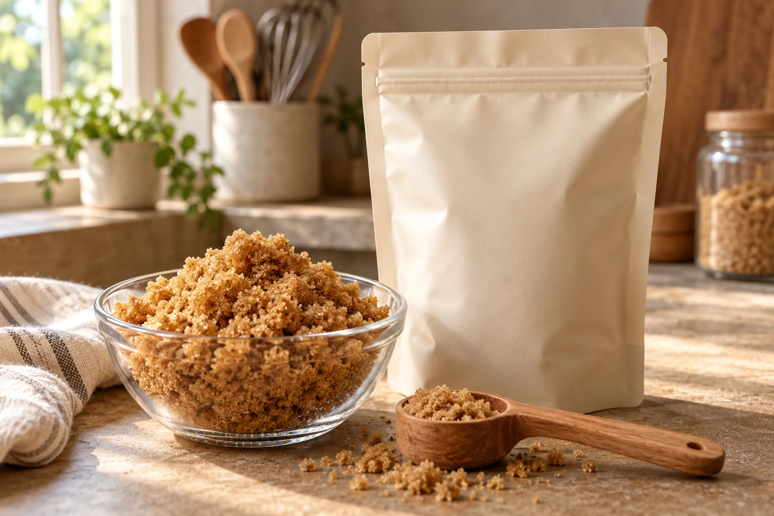 A cream resealable pouch beside brown sugar and a wooden spoon