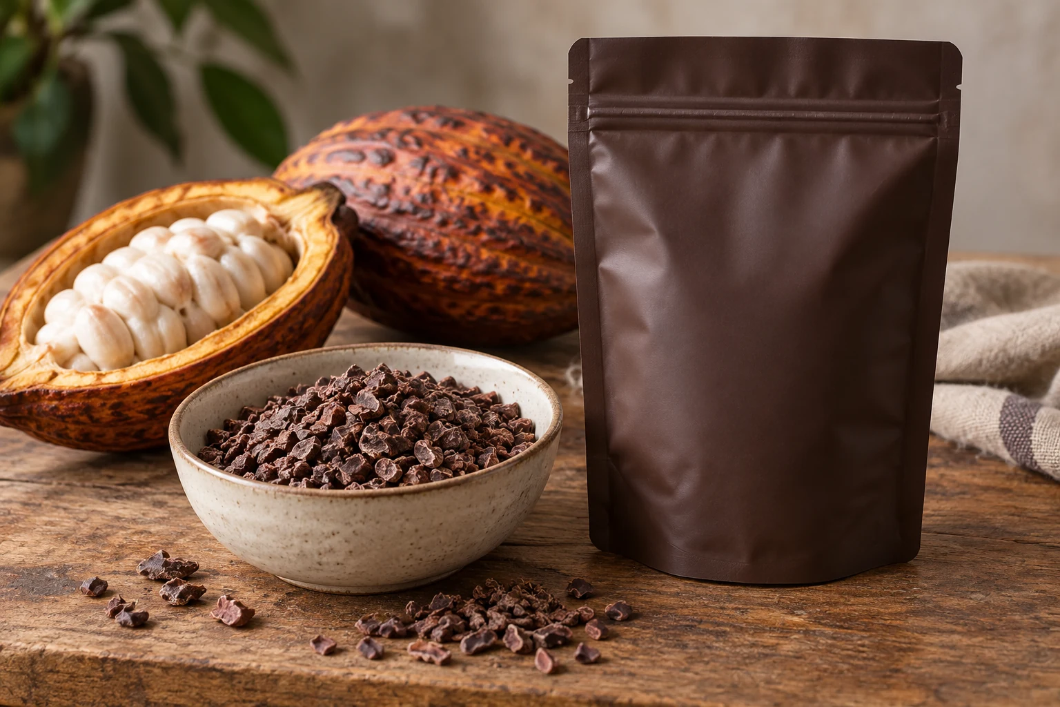 Opaque brown zipper pouch beside cacao nibs and an opened cacao pod