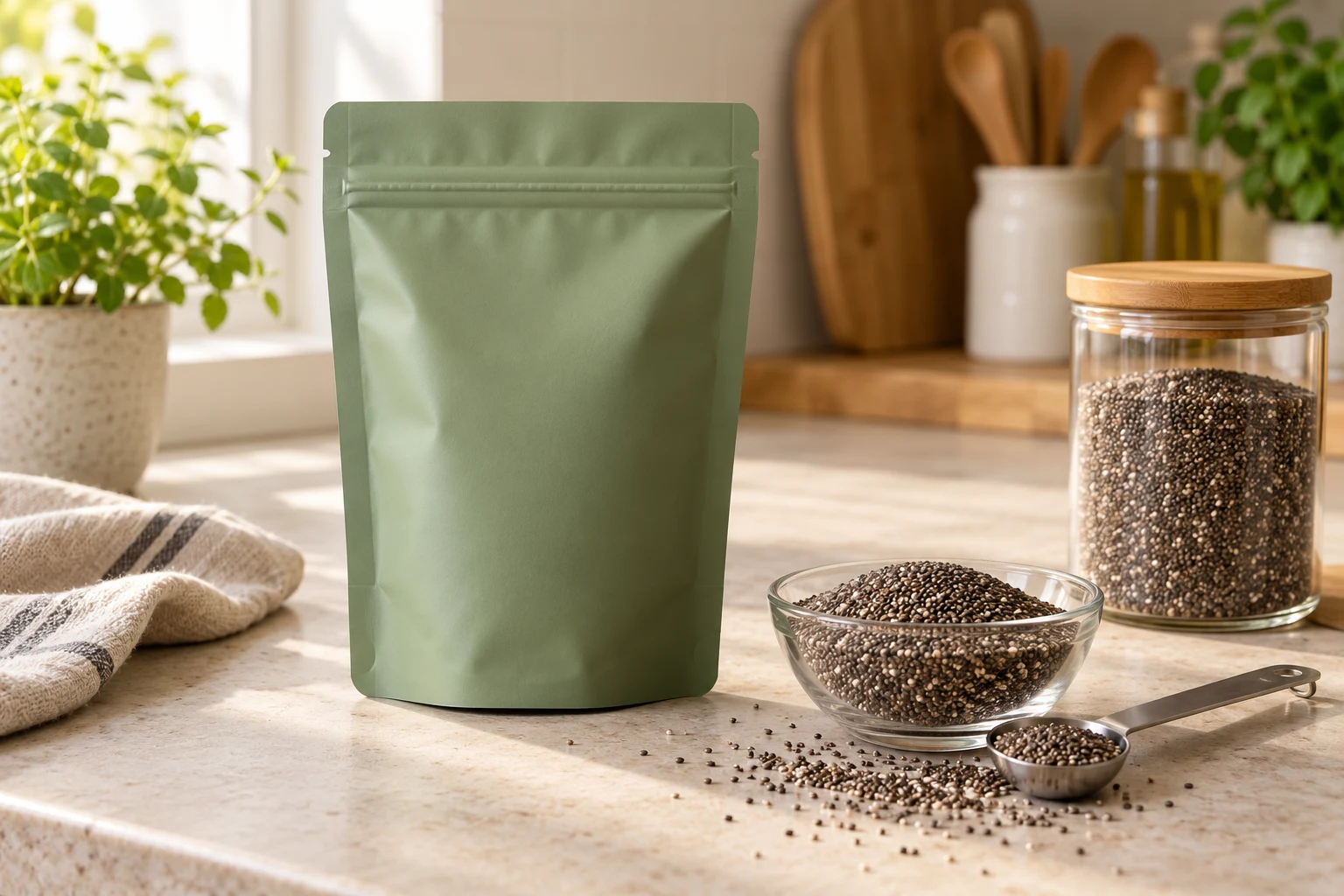 A green refill pouch beside chia seeds, a spoon, and a pantry jar