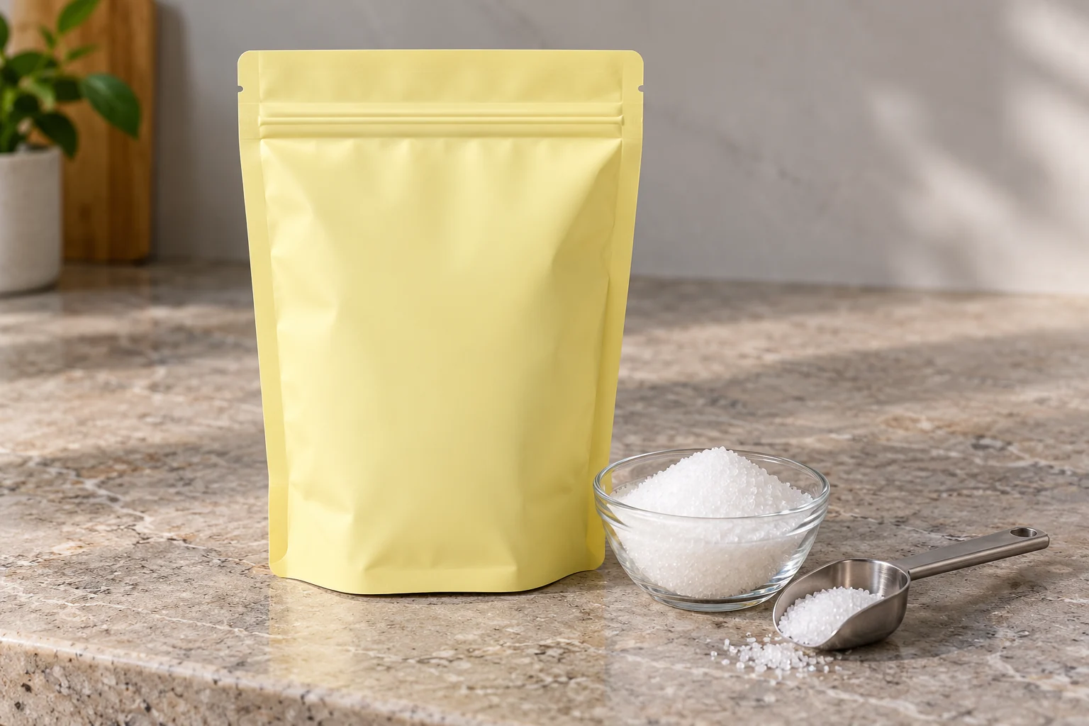 A pale yellow sealed zipper pouch beside white citric acid crystals and a metal scoop