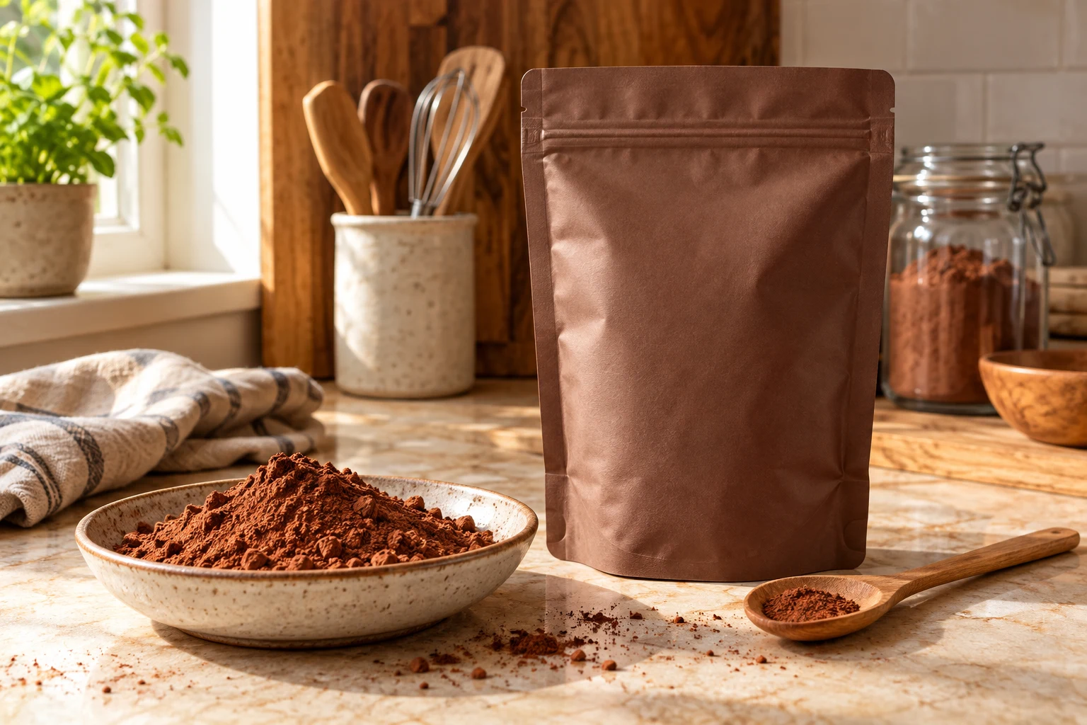 Opaque cocoa powder pouch beside a spoon and a dish of brown cocoa