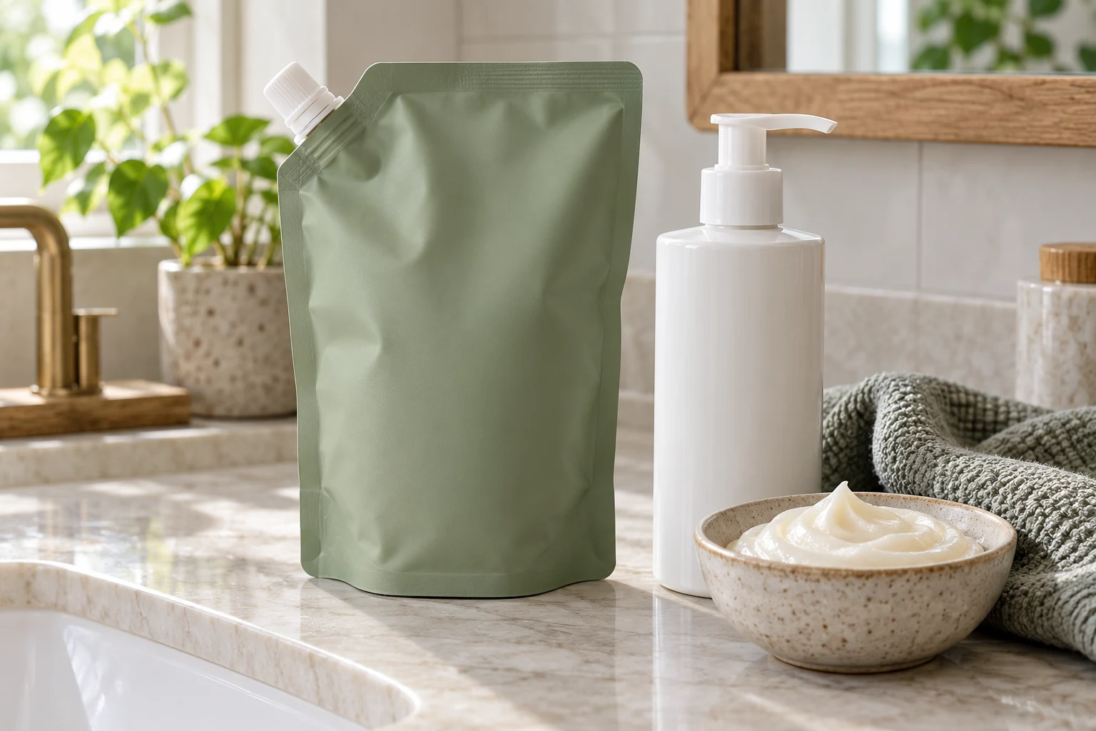 Green spout refill pouch beside a white pump bottle and ivory conditioner