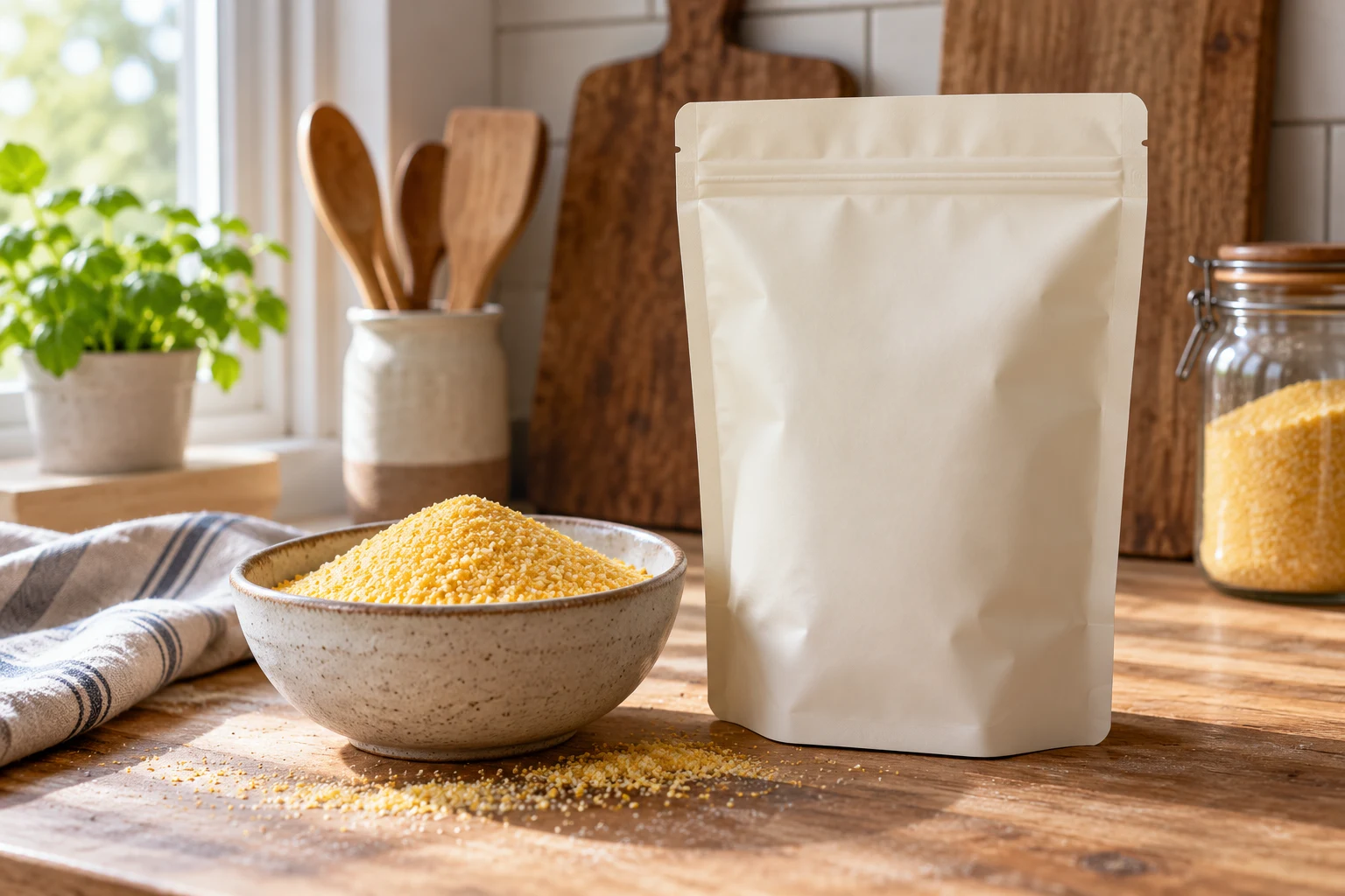Cream resealable pouch beside a bowl of yellow cornmeal on a bakery bench