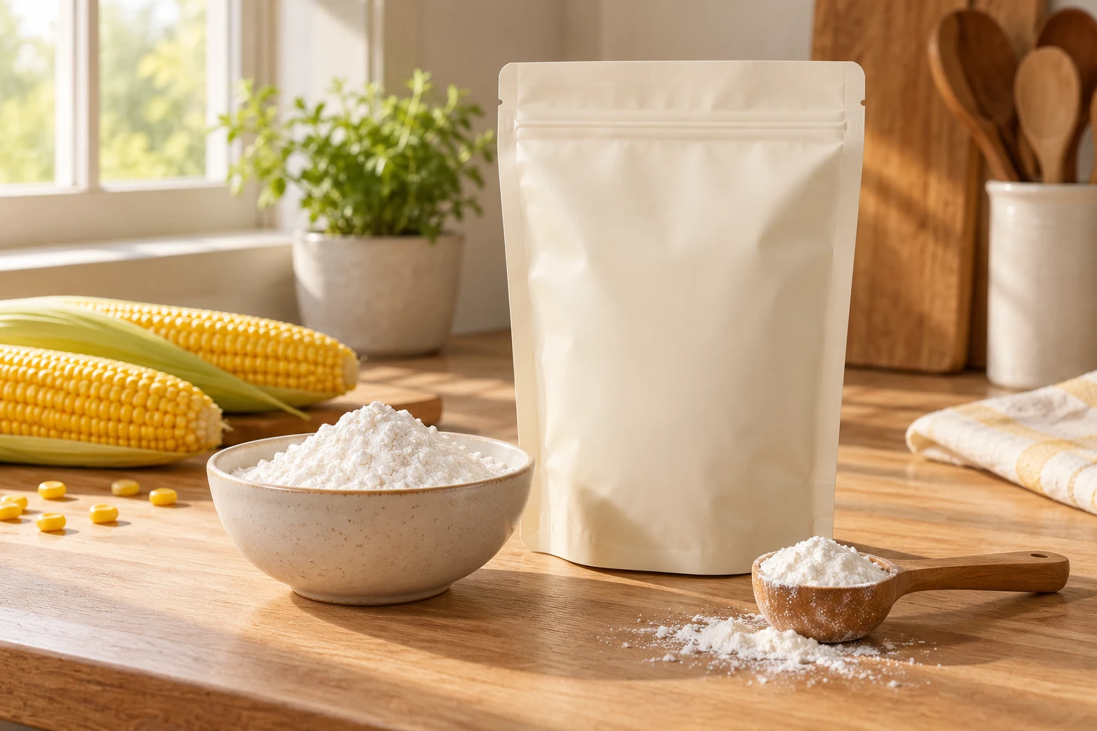 An ivory resealable pouch beside a bowl of cornstarch and a wooden spoon