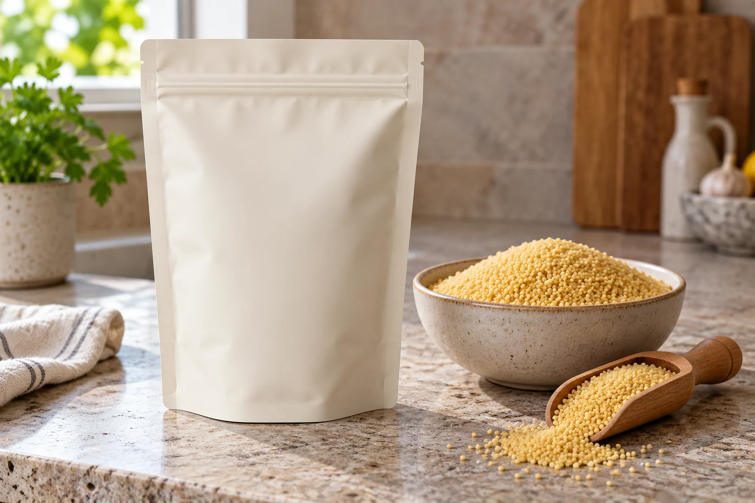 Ivory resealable pouch beside dry golden couscous and a wooden scoop