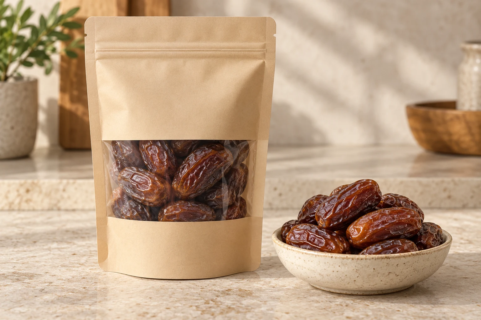 Plain beige resealable pouch beside a bowl of whole brown dates