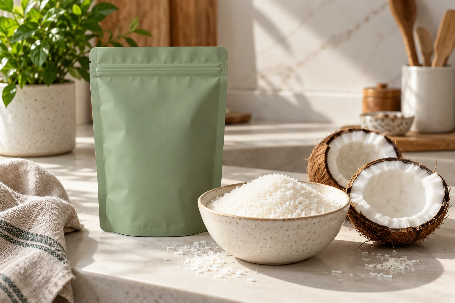 Sage pouch beside fine desiccated coconut and a split mature coconut