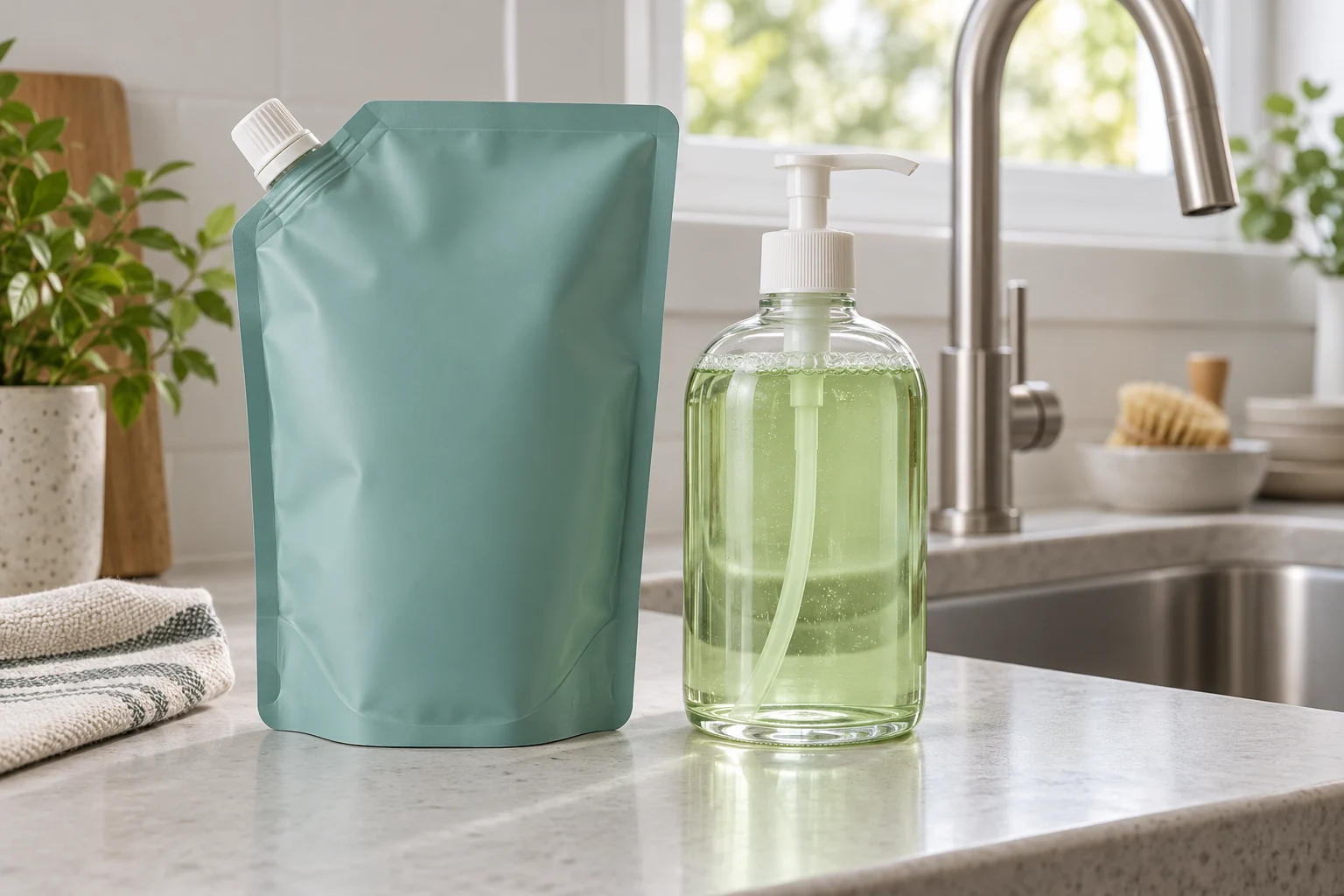 A teal spout pouch beside a reusable dish soap pump bottle