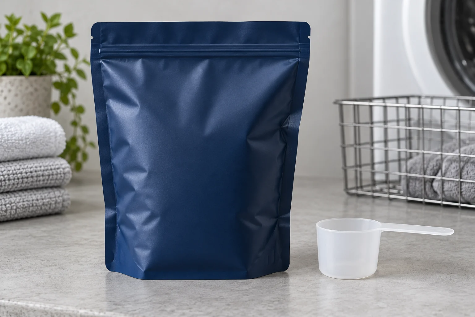 A closed unbranded navy blue powder pouch beside a clean dry measuring scoop on a utility bench