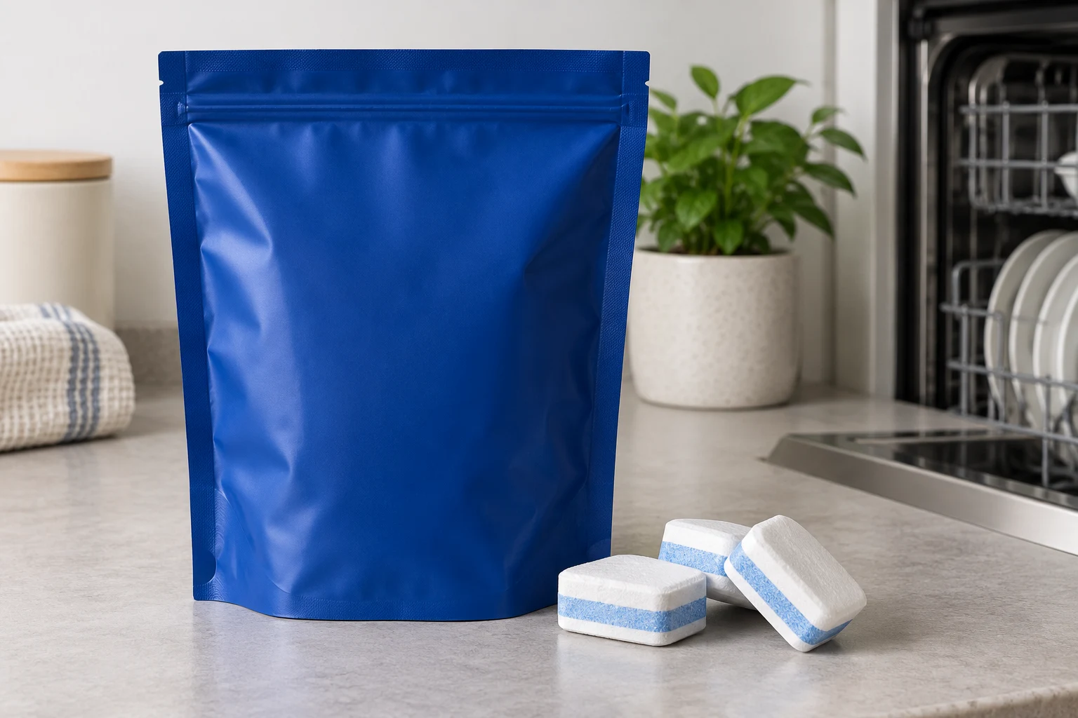 Navy pouch beside solid white and blue dishwasher detergent tablets