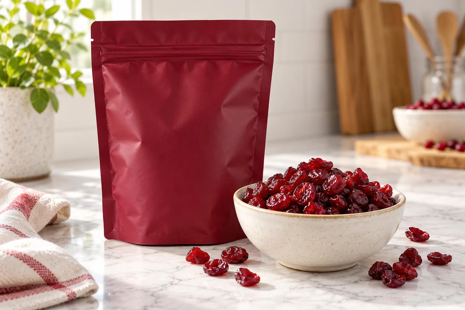 Burgundy pouch beside a bowl of red sweetened dried cranberries