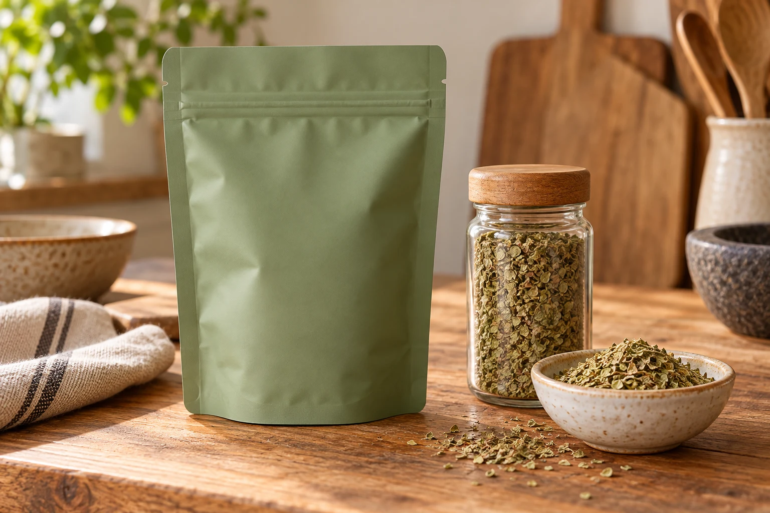 Opaque herb refill pouch beside a glass jar and dried oregano