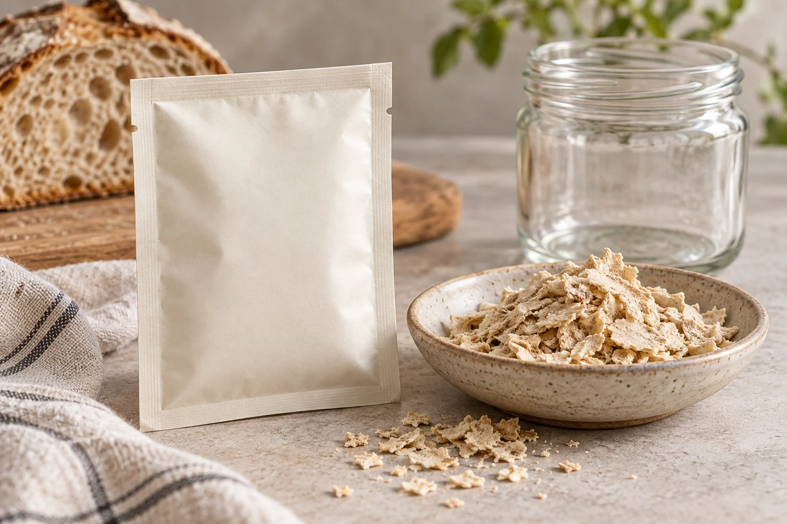 A cream sachet beside dried sourdough flakes and an empty jar