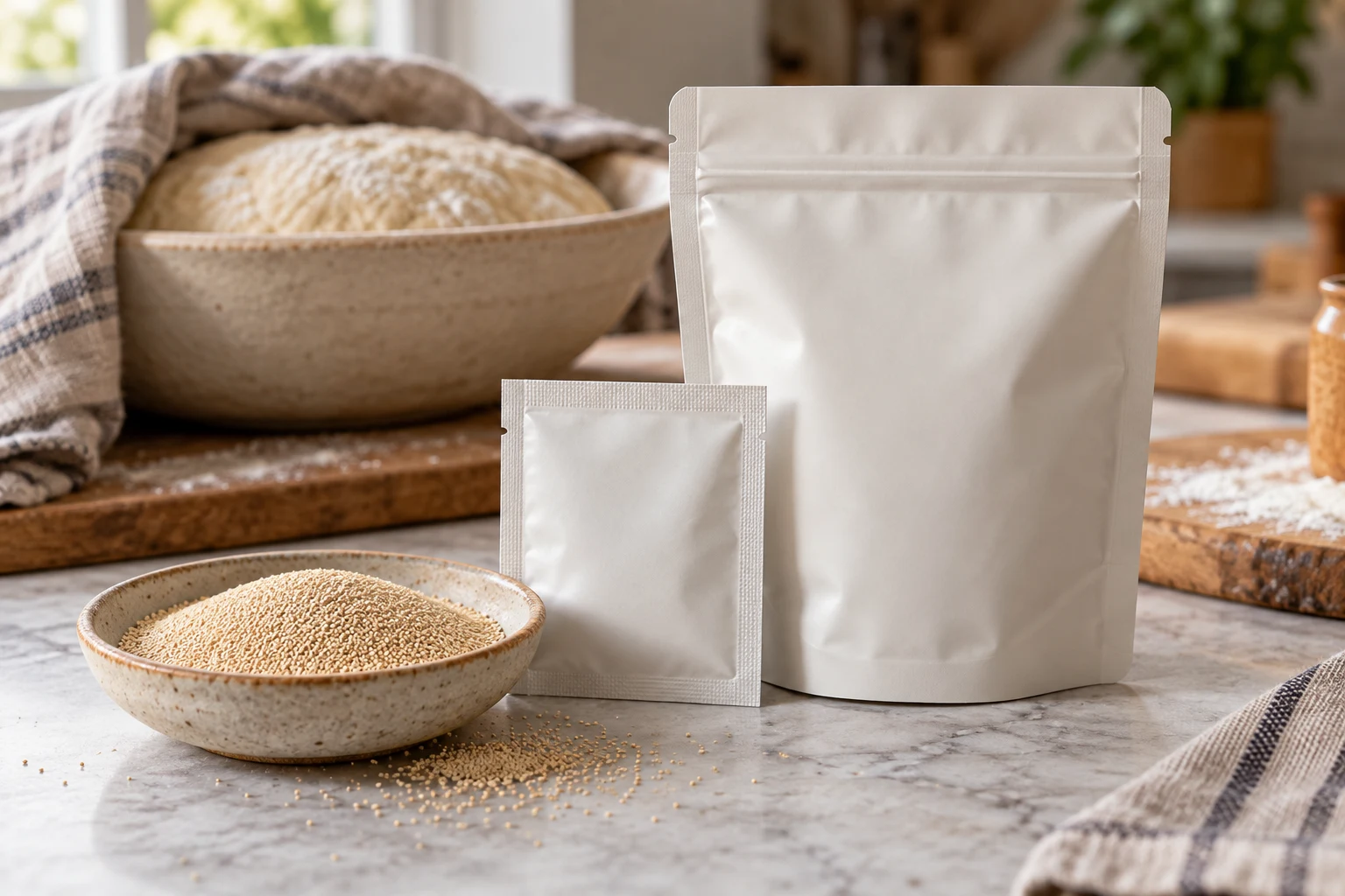 Small opaque yeast sachet and larger resealable pouch beside dry yeast granules