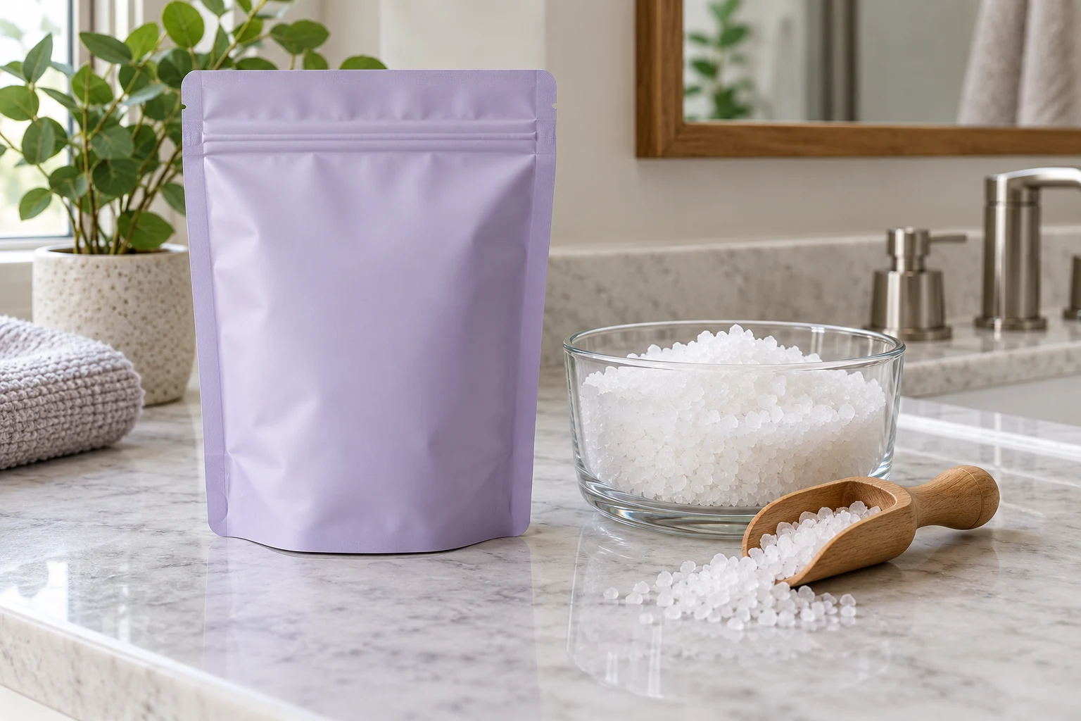 Lavender bath salt pouch beside coarse white crystals and a dry scoop