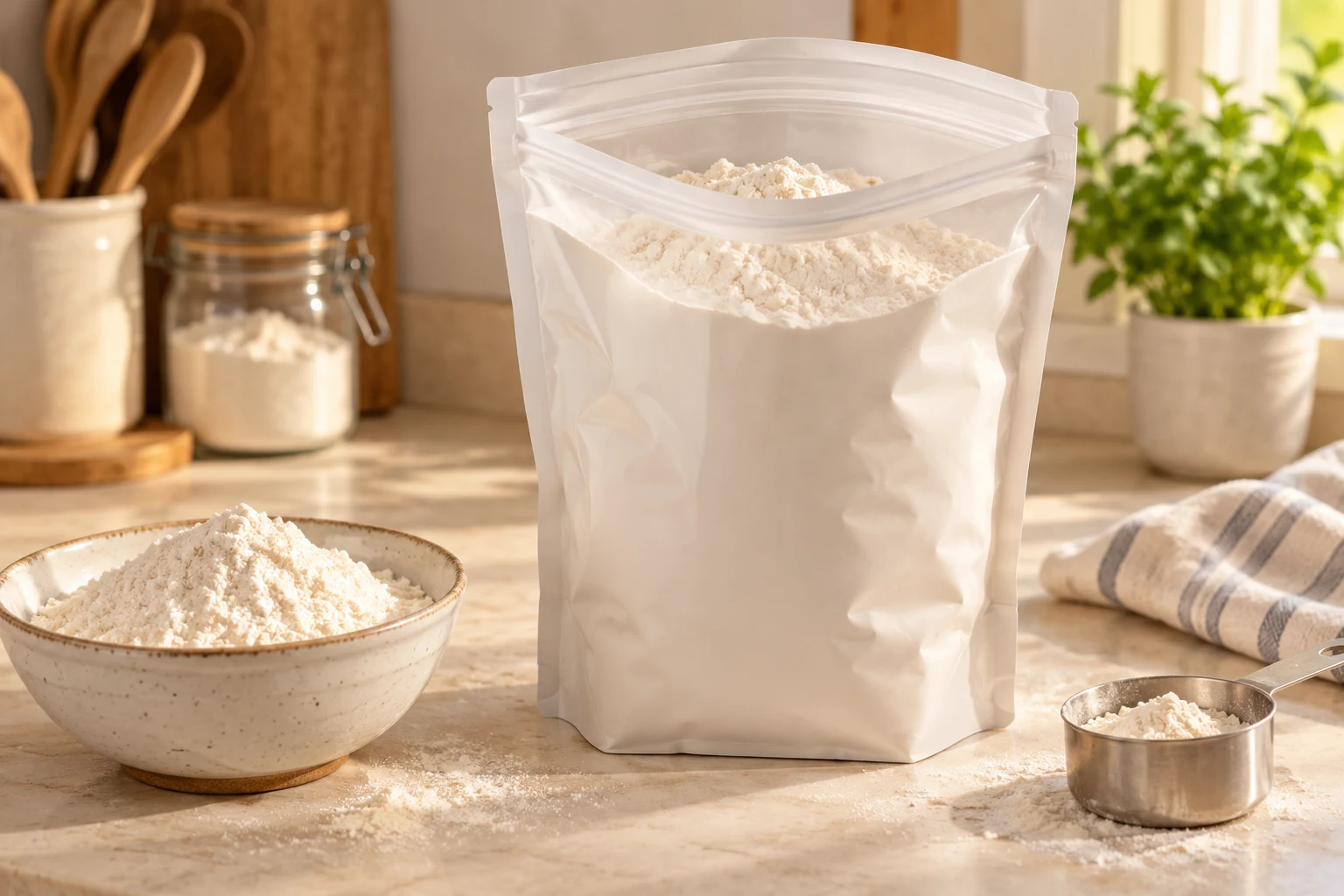 Plain resealable flour pouch beside a flour bowl and measuring scoop