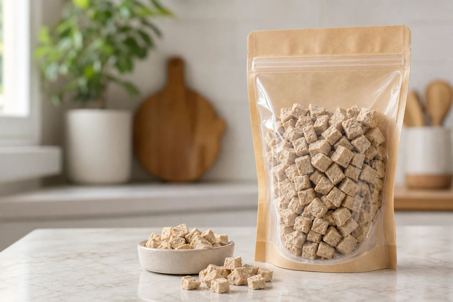 Freeze-dried pet food pouch under filled-pack review