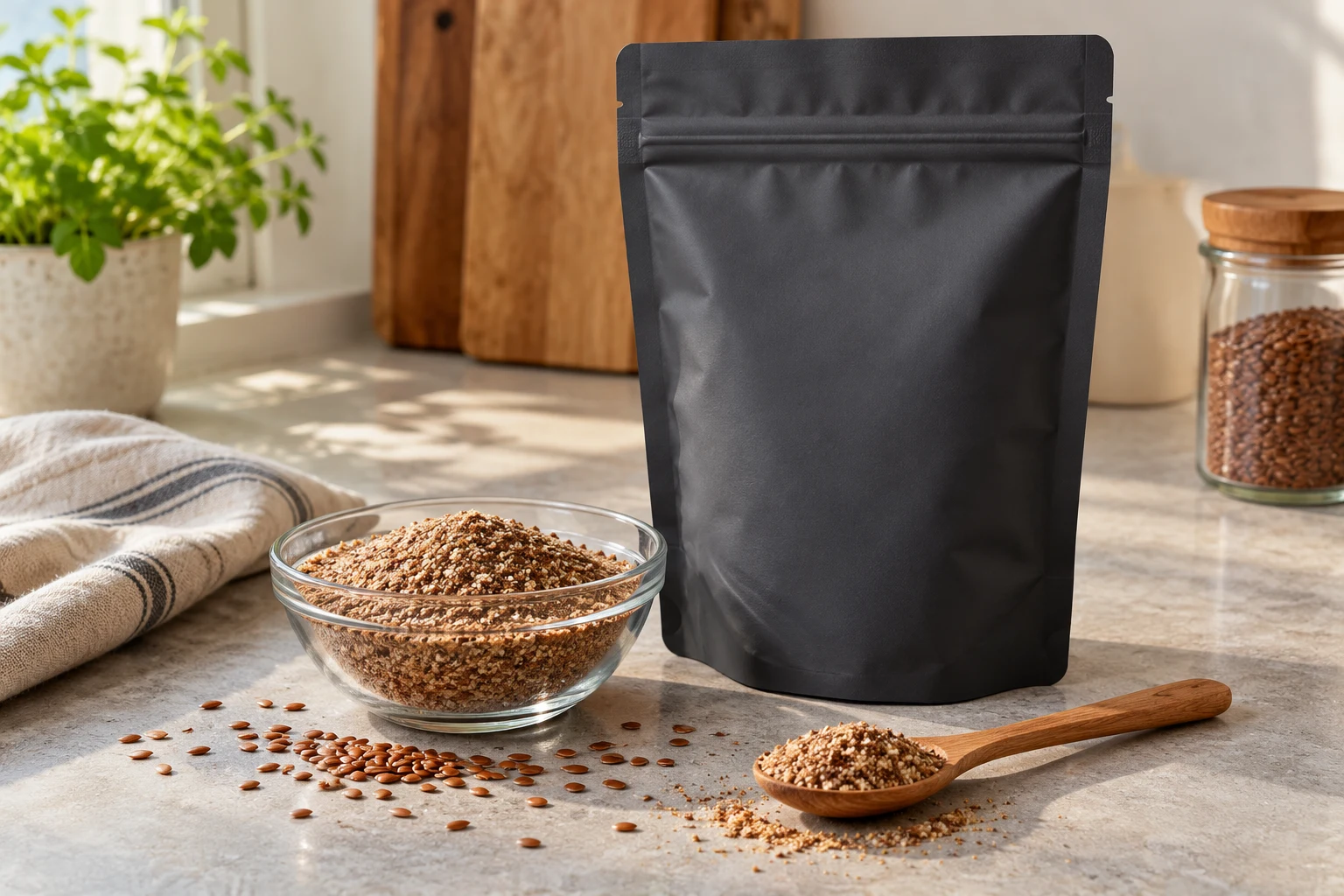 Plain charcoal ground flaxseed pouch beside flax meal and a wooden spoon