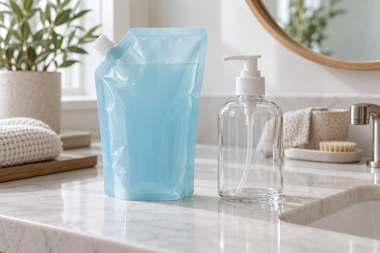 Pale blue hand wash refill spout pouch beside a clear pump bottle