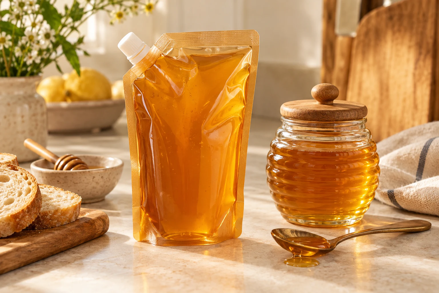 Amber honey spout pouch beside a glass honey jar and teaspoon