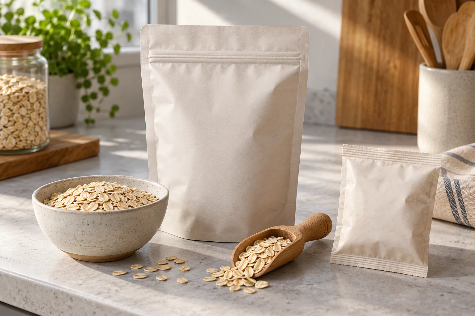 Blank resealable pouch beside dry oats, a scoop, and a sealed oat sachet