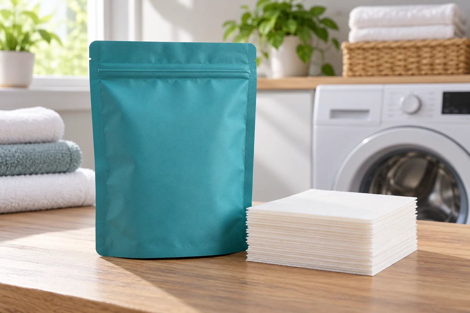 Teal flat pouch beside a stack of white laundry detergent sheets
