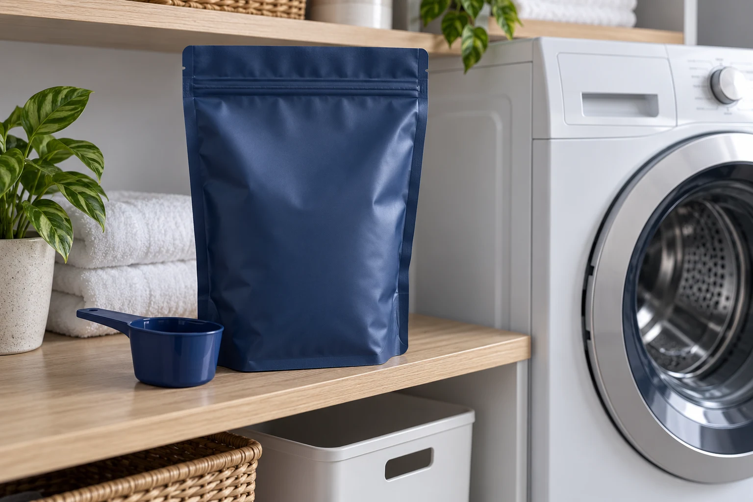A navy laundry powder pouch beside a dedicated dosing scoop