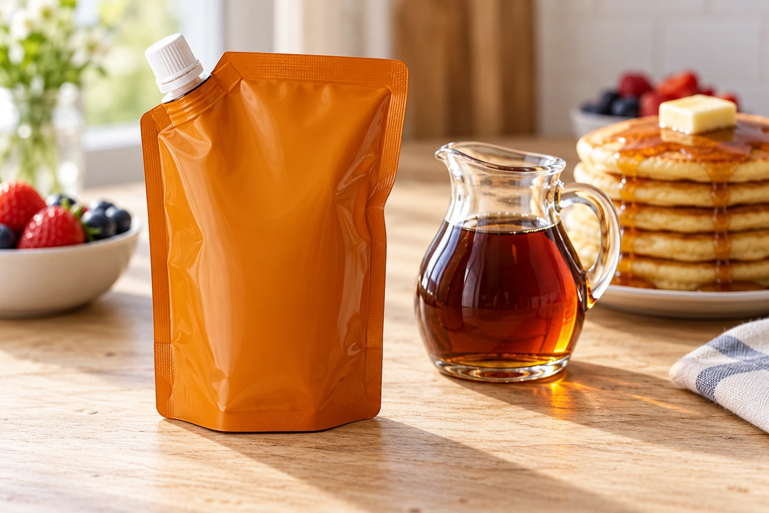 An orange spout pouch beside a pitcher of maple syrup and pancakes
