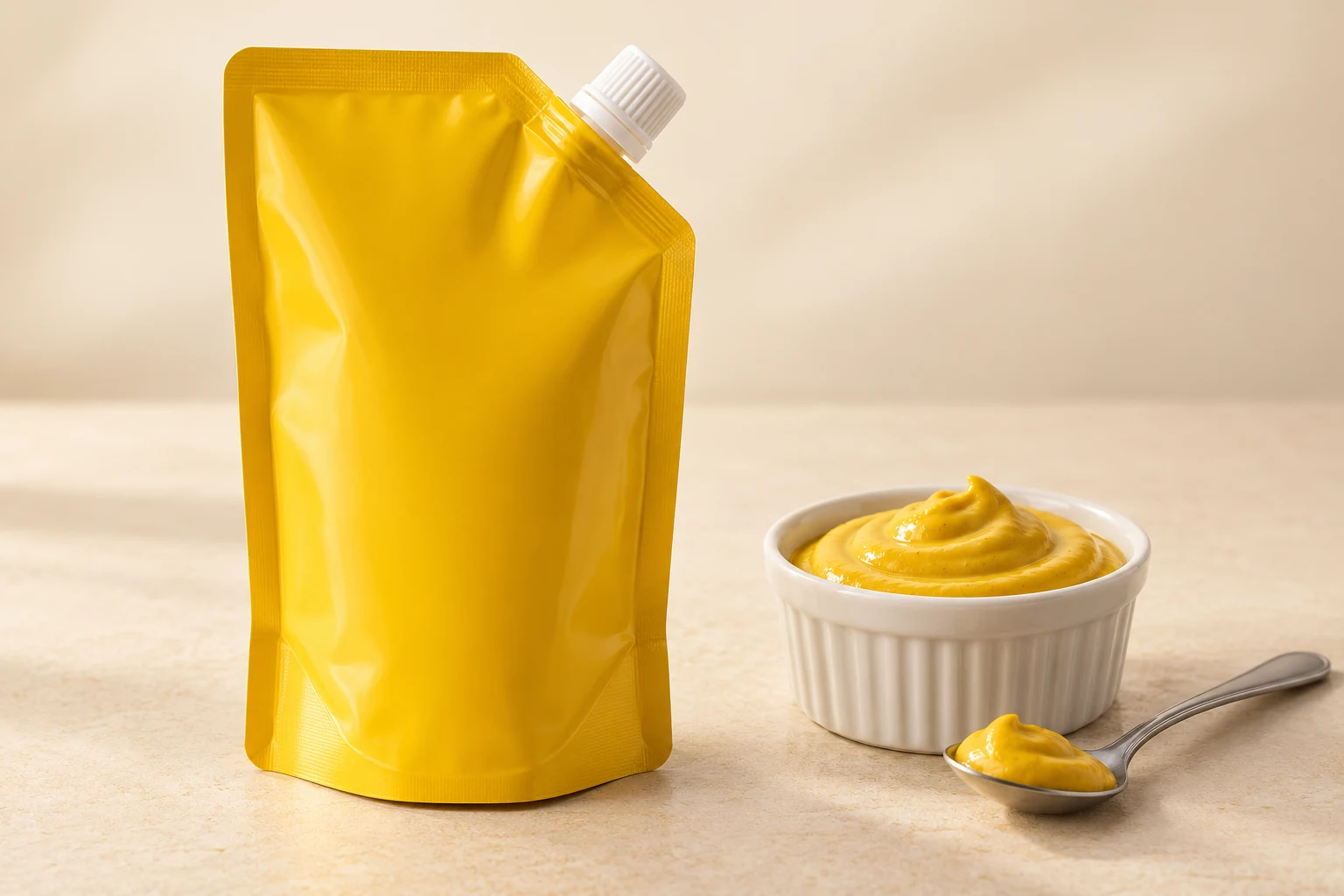 A yellow spout pouch beside smooth prepared mustard