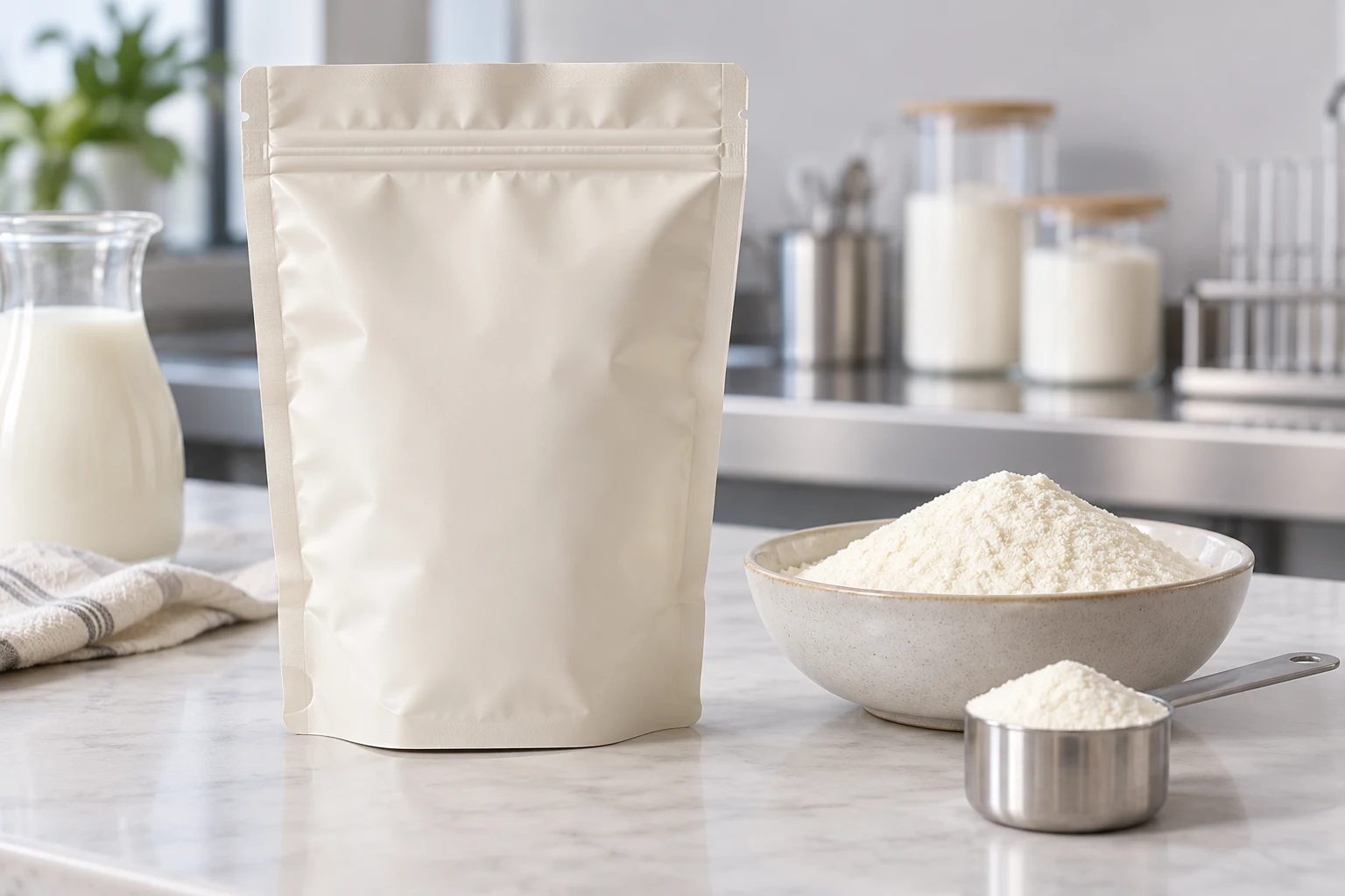 Plain opaque milk powder pouch beside a bowl of white powder and a metal scoop