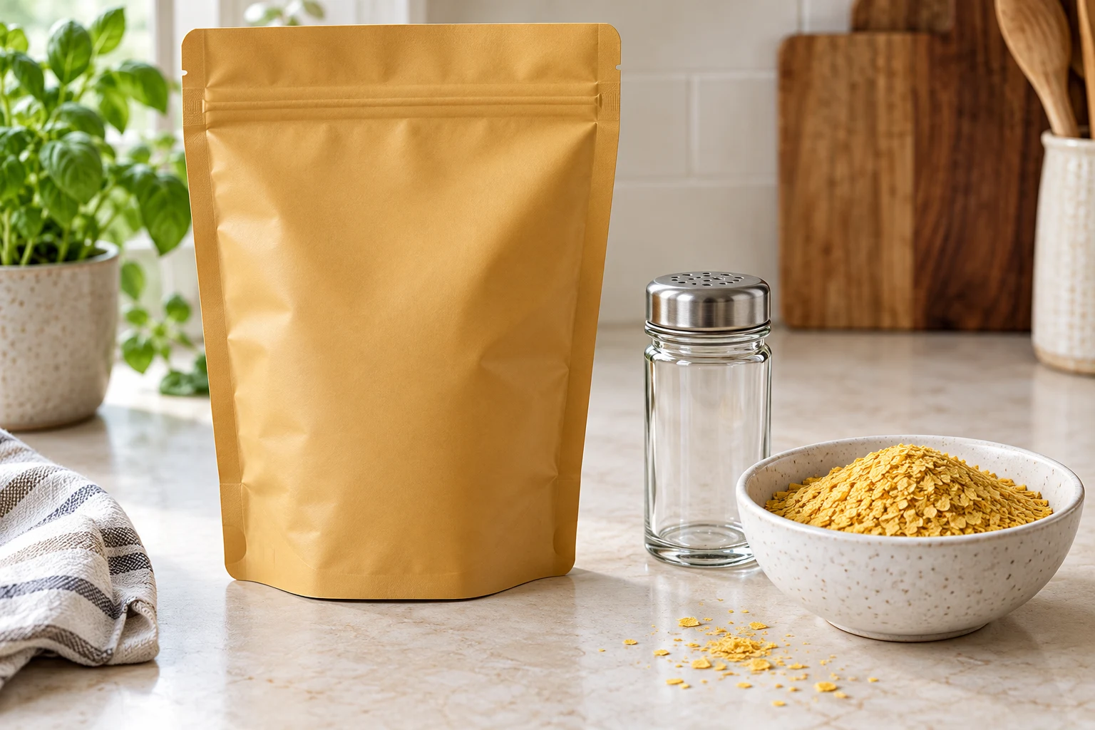 Ochre refill pouch beside a glass shaker and golden nutritional yeast flakes