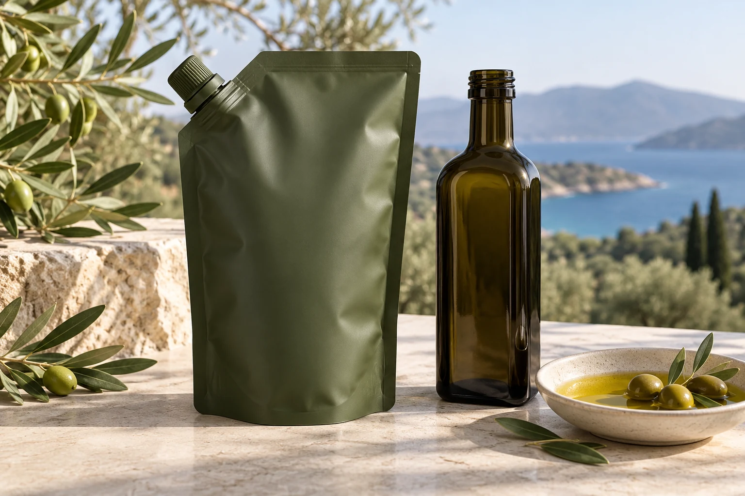 An opaque olive-green spout pouch beside a dark glass bottle and olive oil
