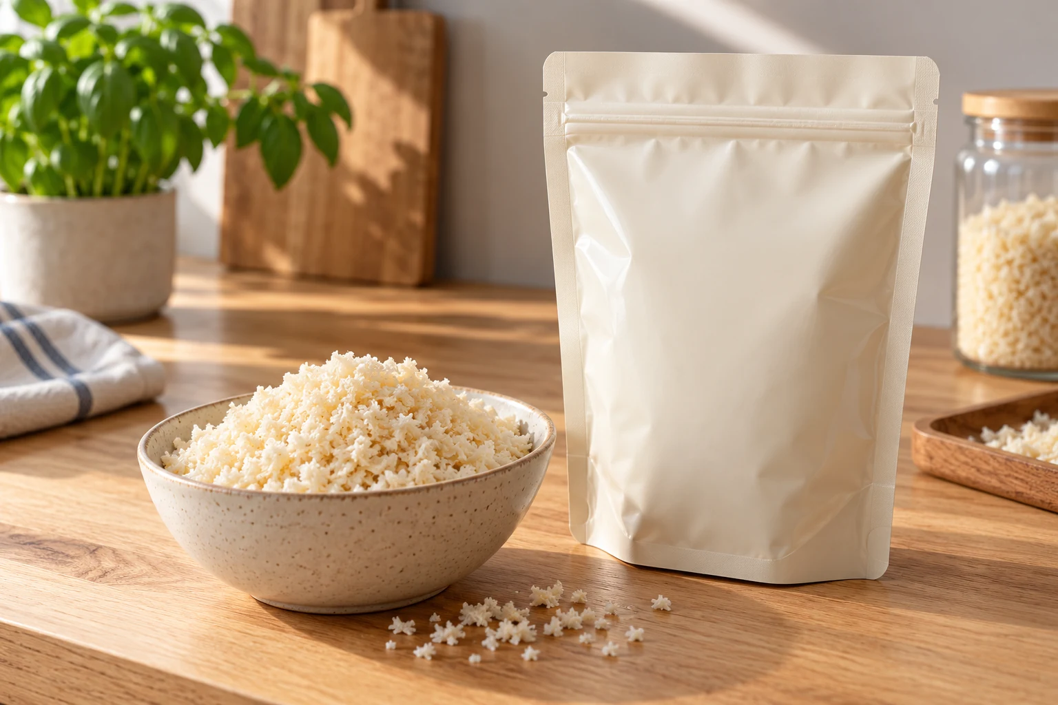 Cream zipper pouch beside a bowl of coarse dried panko breadcrumbs