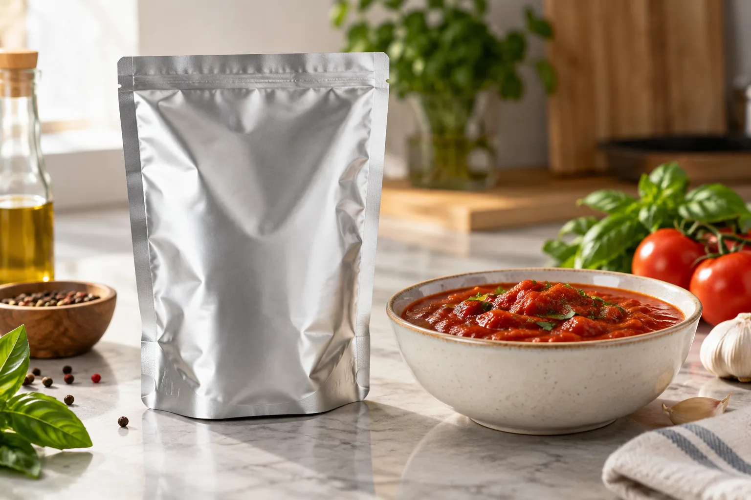 Blank silver retort pouch beside a bowl of tomato pasta sauce