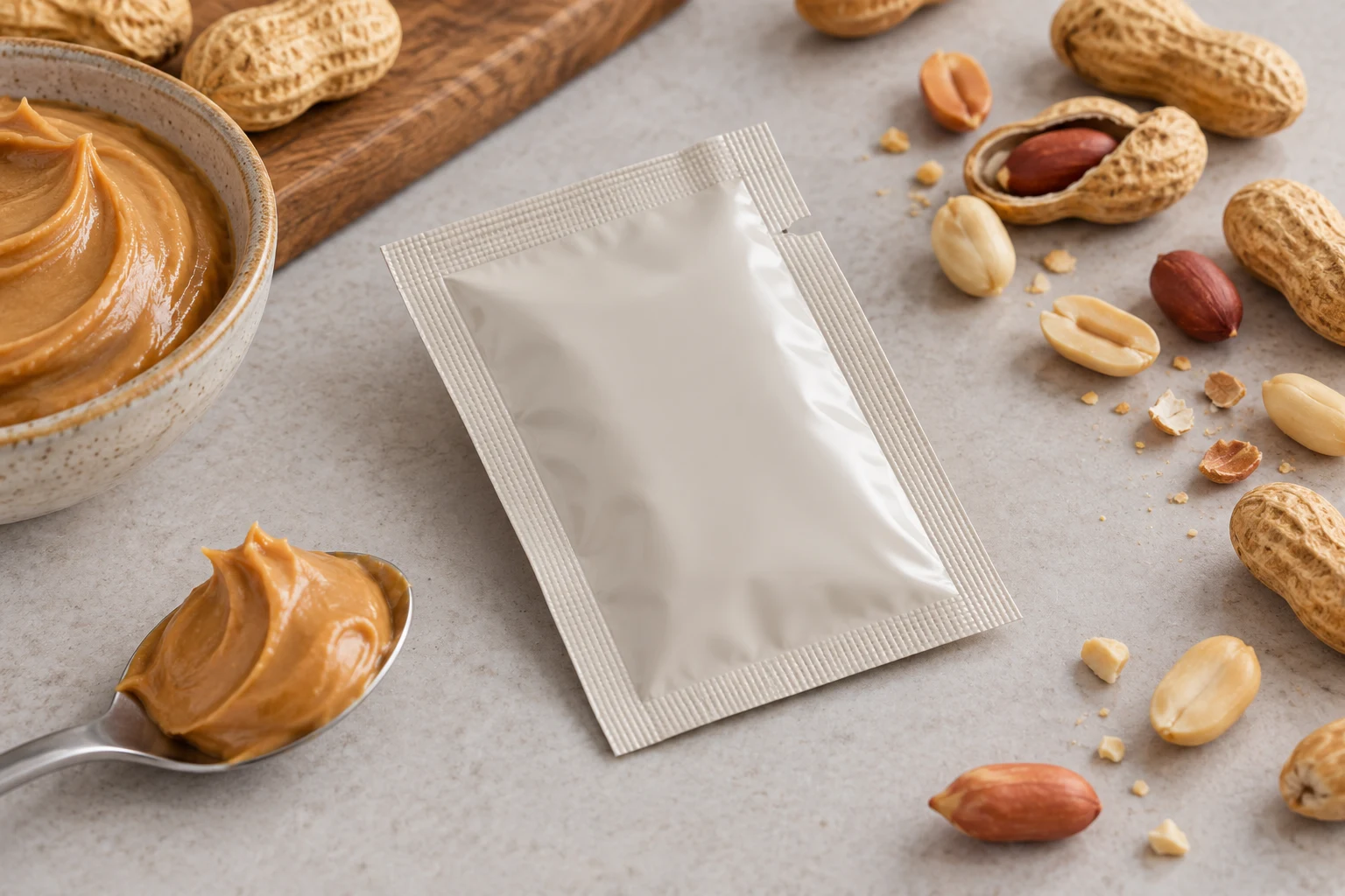 Plain peanut butter sachet beside creamy peanut butter and loose peanuts