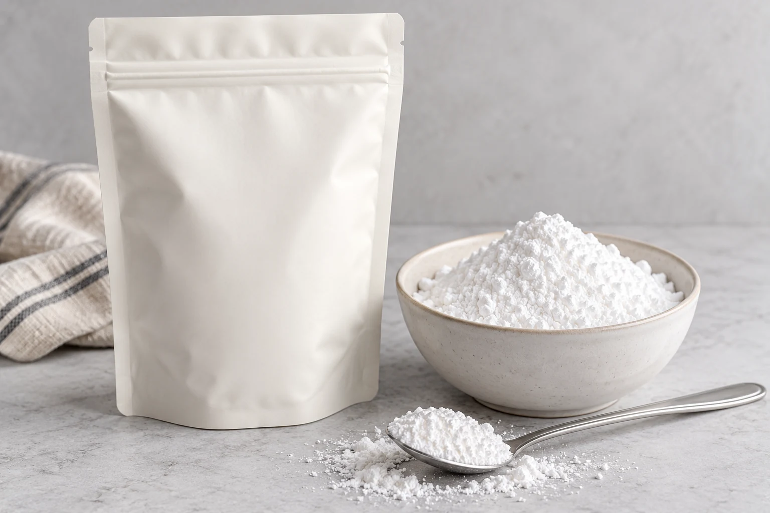 An ivory resealable pouch beside a bowl of fine powdered sugar