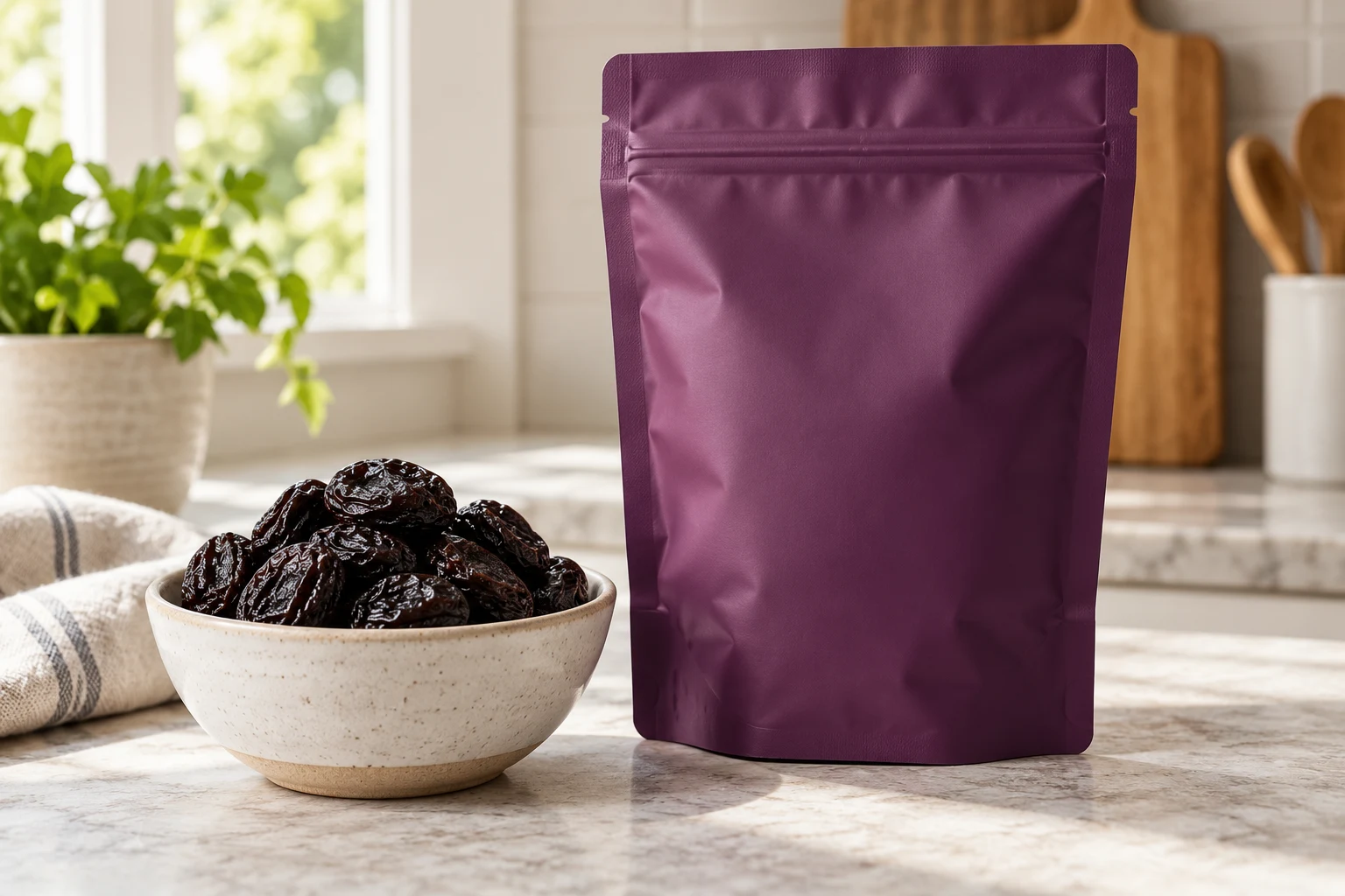 Purple resealable pouch beside a bowl of dark wrinkled dried prunes