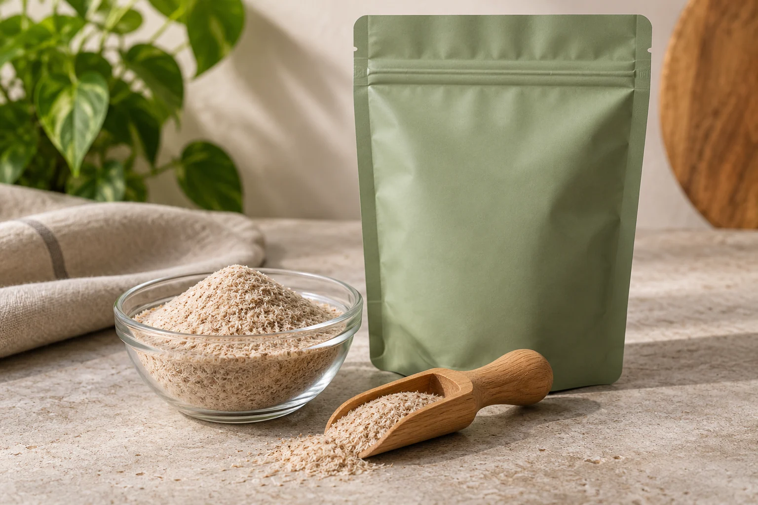 A sage green resealable pouch beside tan psyllium powder and a clean wooden scoop