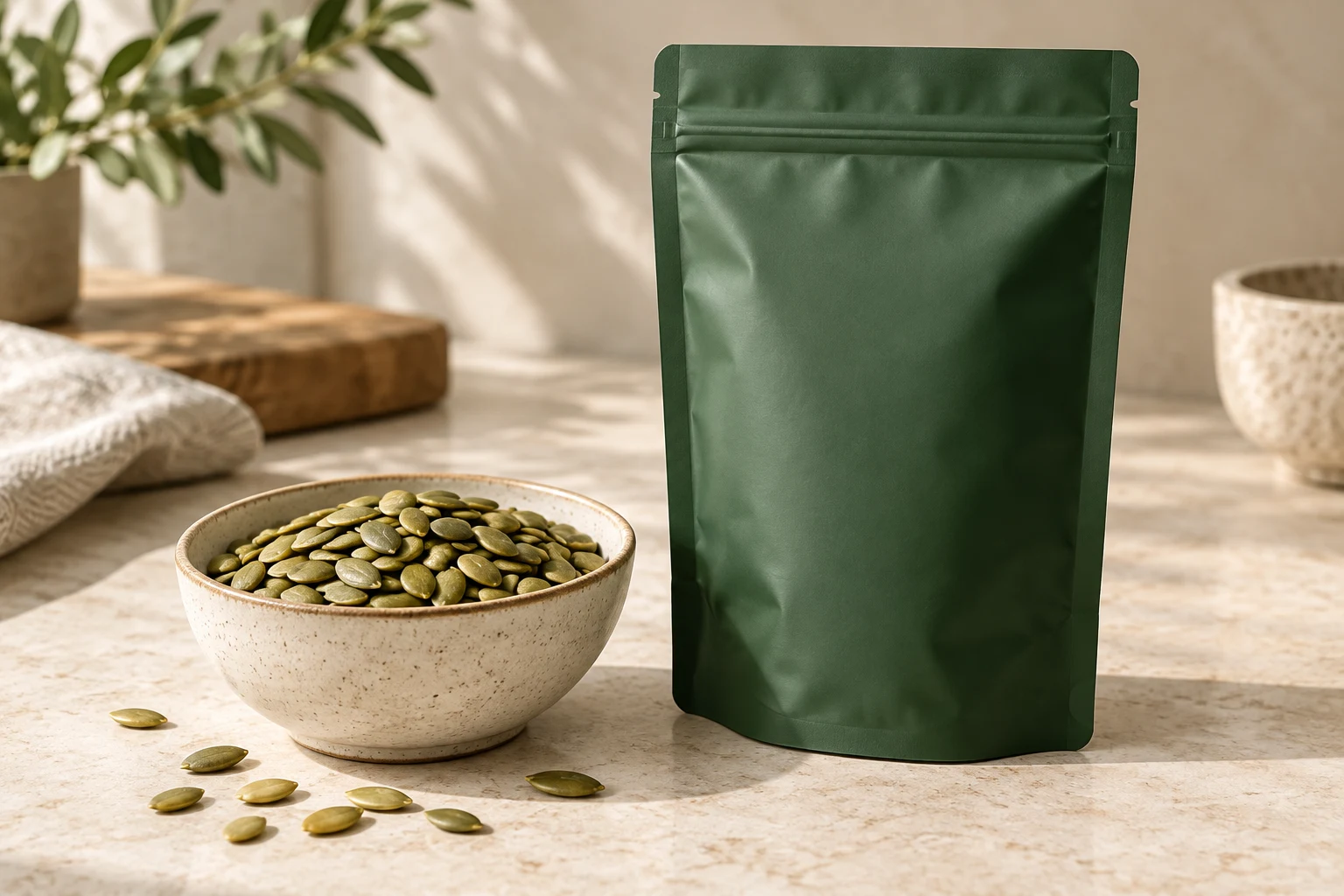 Opaque green stand-up pouch beside a bowl of green pumpkin seeds