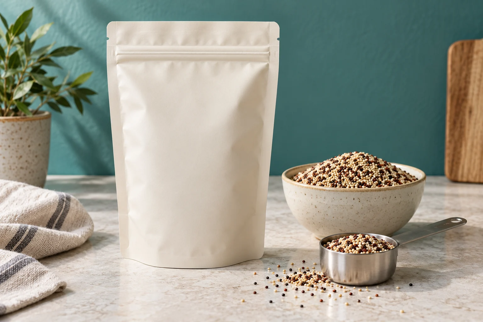 Ivory resealable pouch beside a bowl and scoop of dry tricolor quinoa